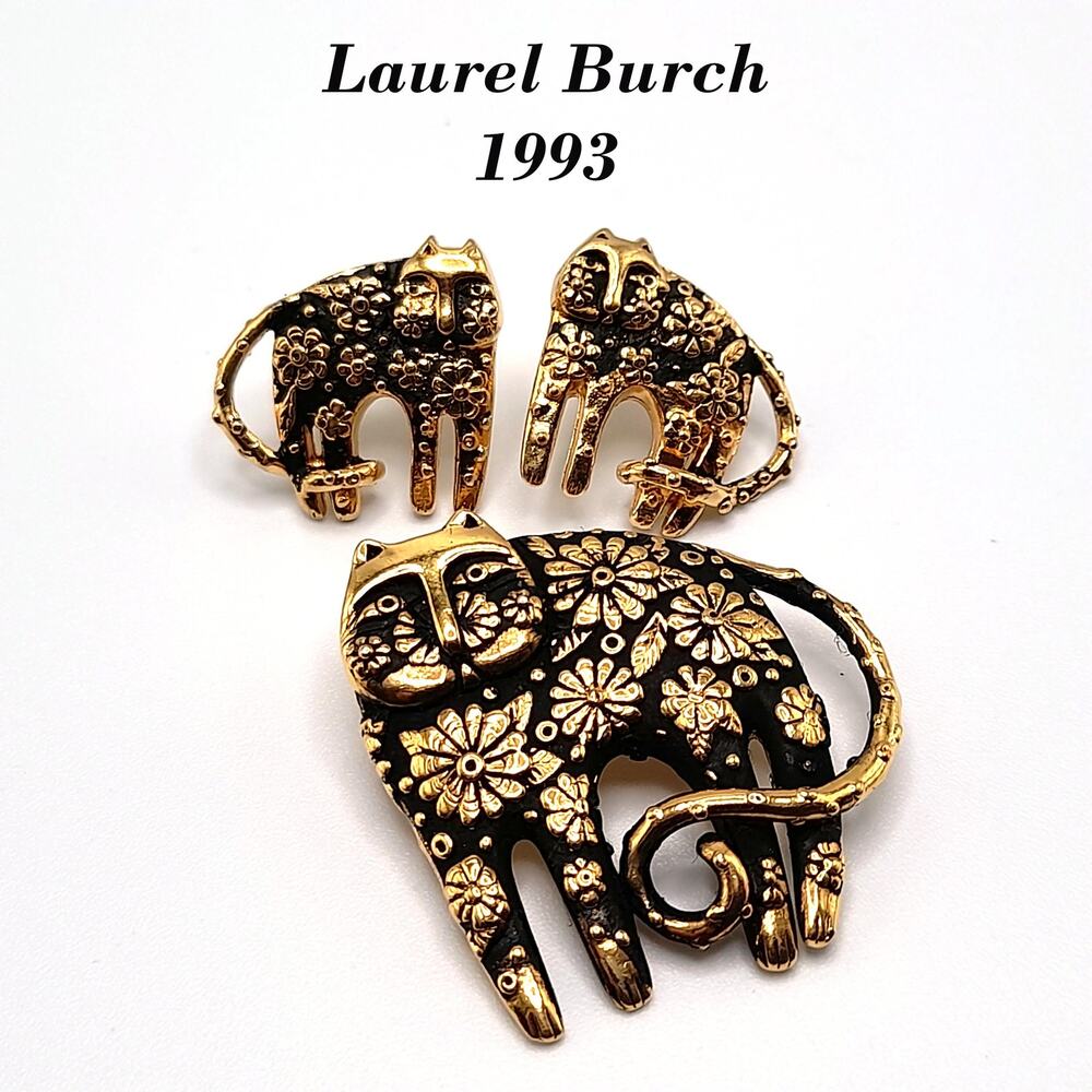 Laurel Burch Flower Cat Brooch Earrings Set, Gold Plated, Black Enamel, 1993